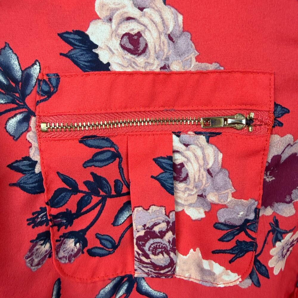 Justify Women's 2X Coral Red Floral Blouse Tunic Long Sleeve Zip Pocket Top - Picture 4 of 8